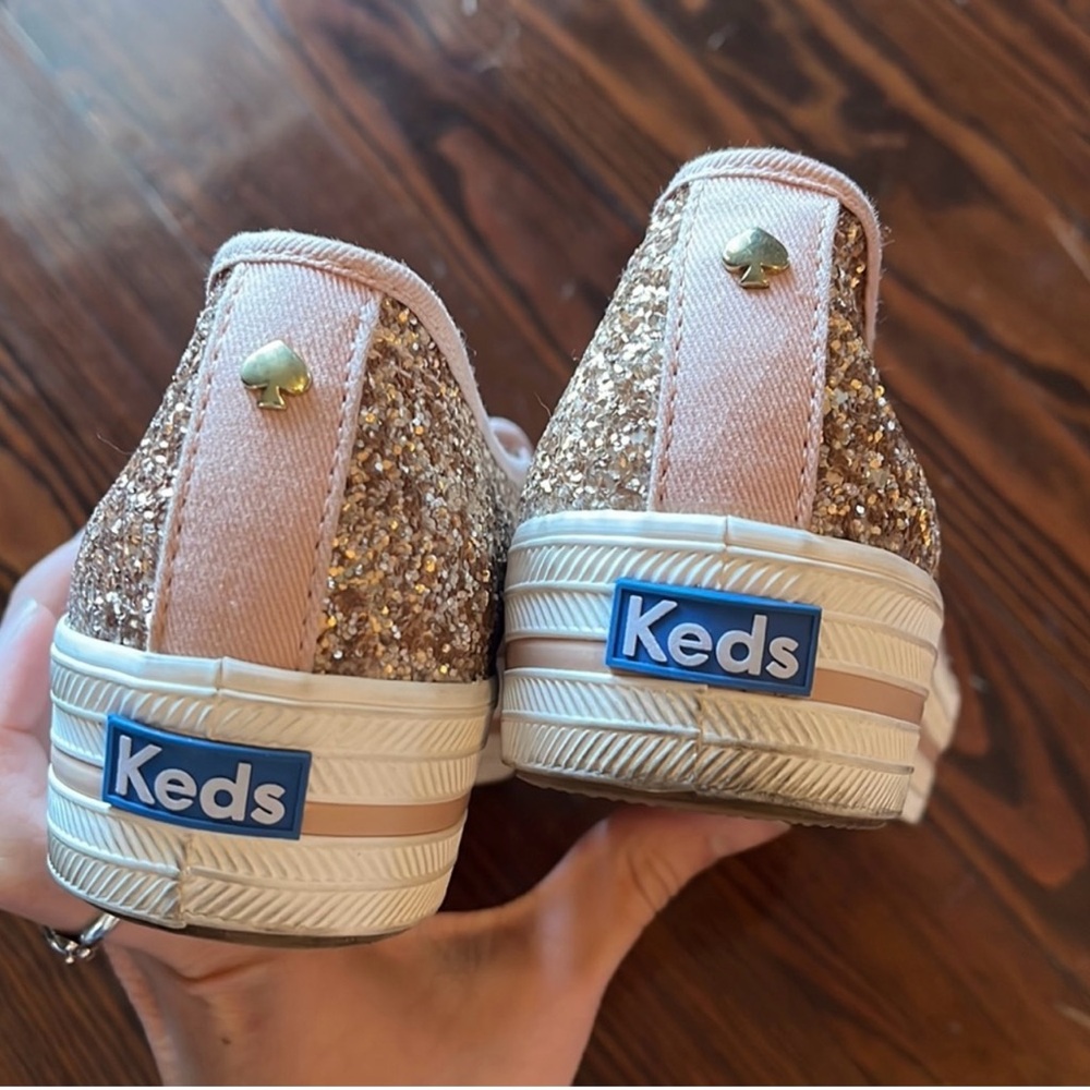 Kate Spade New York x Keds Triple Decker Rose Gold Glitter Platform Slip On's